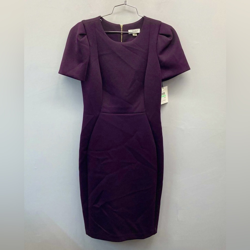 Calvin Klein Aubergine Purple Puff Sleeve Sheath Dress Womens Size 8